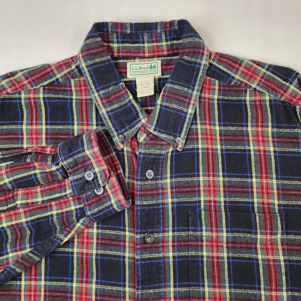 LL‎ Bean Scotch Plaid Flannel Shirt Mens XXL Navy Red Button Down Cotton 0BHF4